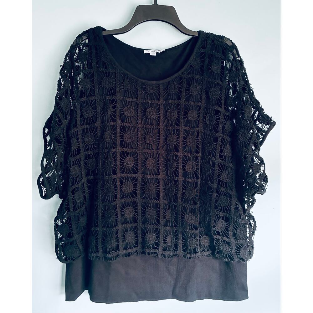 Chico's Crochet Knit Top XXL Black Boho Open Weave Lace Overlay NWT